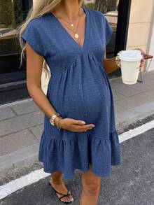 SHEIN Summer Outfit,Maternity Dusty Blue Dress Pregnant Women's Textured Vacation Ruffle Hem Fashionable Business Casual Photoshoot Maternity Photoshoot - Dark Wash - View 1