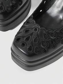 ROMWE Women's Fashion And Sexy Platform High-Heeled Shoes, Punk Style Gothic Dark Style Hollow Embroidery Engraving With Buckle Design, Spring, Summer - Black - View 6