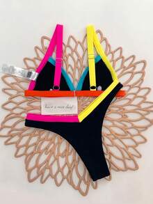 Swim Lushoire Summer Beach Binding Trim Triangle Bikini - Black - View 3