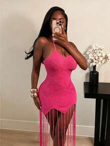 BamGleam Women's Green Knit Dress With Tassel Hem - Sleeveless Bodycon Midi Dress With Swing Asymmetric Hem & Jacquard Texture, Casual Slim Fit Sweater Dress For Party, Date Night, Daily Wear - Hot Pink - View 4