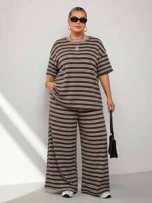 SHEIN CURVE+ Plus Size Brown Striped T-Shirt And Pants Casual 2 Pieces Set, Summer - Multicolor - View 2
