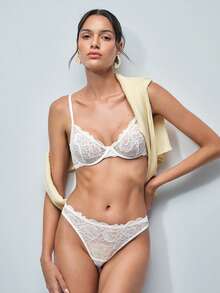 Softvol 1 套女士纯色蕾丝文胸和内裤套装，带钢圈舒适内衣 Bridallingerie - 白色 - 查看 6