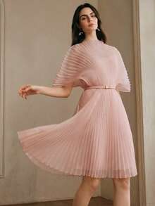 Anewsta Elegant Dress, Summer Vacation Dress, Short Pleated Dusty Pink Dress Party - Pink - View 1