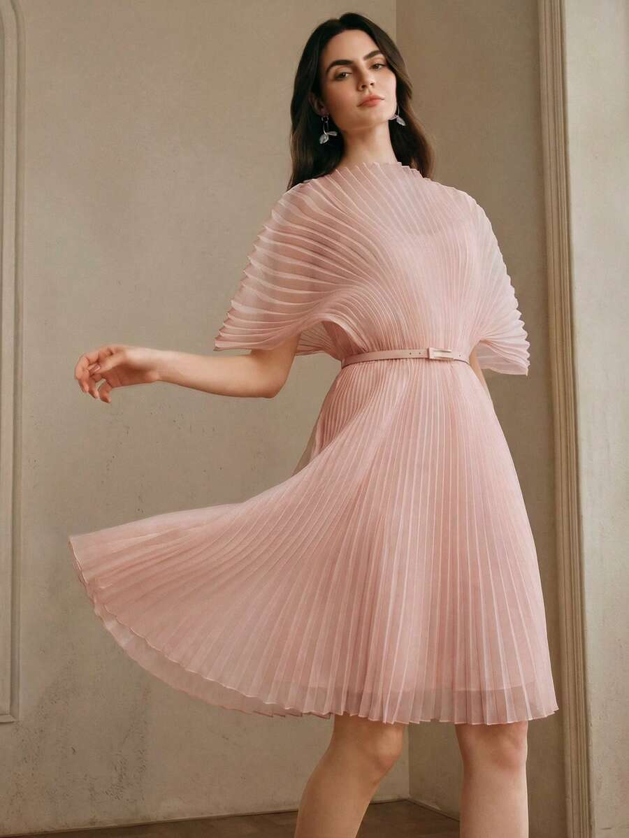Anewsta Elegant Dress, Summer Vacation Dress, Short Pleated Dusty Pink Dress Party - Pink - View 1