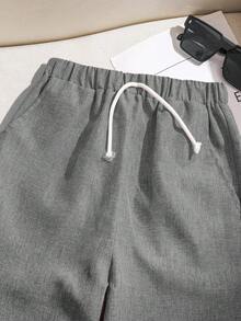 SHEIN LMoss Kids 兒童青少年男孩休閒寬鬆純色 Polo 衫與長褲 2 件套 - 灰色 - 查看 7