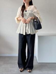 FRIFUL Women's Polka Dot Tie-Front Casual Versatile Daily Outing Shirt Summer Long Sleeve - Black - View 6