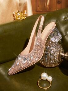 CUCCOO TILAWA Women's Crystal Heel Glass Rhinestone Pointed Toe Pink High Heel Pumps, Suitable For Outings, Banquets, Parties And Other Events - Champagne gold - View 7