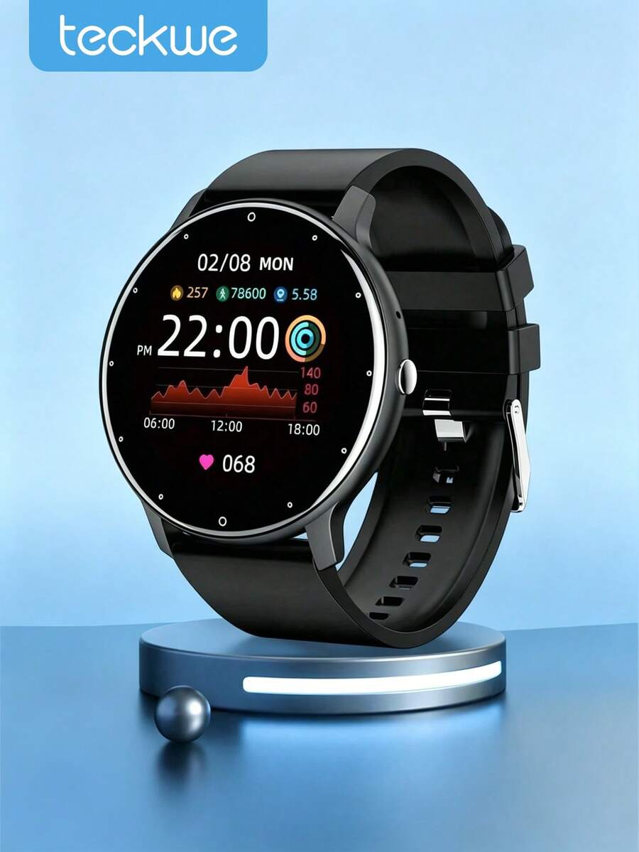 Teckwe Reloj inteligente unisex con podómetro, rastreador de fitness resistente al agua, monitor de frecuencia cardíaca, monitor de presión arterial, monitor de sueño, despertador, recordatorio de mensajes, pronóstico del tiempo, cámara, compatible con Android e iOS, batería incorporada de 220mAh - Ver 1