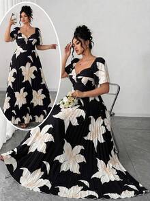 SHEIN Clasi Women's PlusSizeBlack Apricot Lily Pleated ReversibleOff‑ShoulderMaxi Dress. Floralgown For Weddings, Dates, Proms, Parties Ideal For Various Holidays - Black - View 10