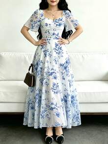 Modelyn 女款大碼鈷藍色玫瑰花卉印花法式風洋裝，時尚方領壓褶設計配飄逸袖，夏季收腰長版洋裝，適合夏季度假與日常穿著 - 彩色 - 查看 4