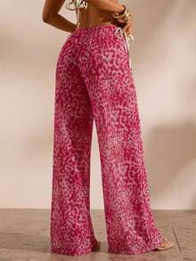 Opulessa Women's Drawstring Waist Leopard Print Casual Travel Cover-Up Long Pants - Pink - View 2