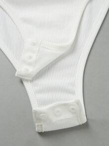 SHEIN Raffinéa Elegant Versatile Turndown Collar Half-Zip Knit White Bodysuit, Women's Spring/Summer Holiday Beach Bodysuit - White - View 4
