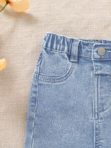 SHEIN Baby Girl Casual Versatile Denim Jeans With Pockets - Light Wash - View 6