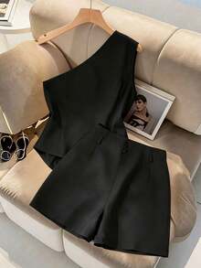 INAWLY Women's Elegant Commuter Formal One-Shoulder Vest Jacket And Shorts Set, Black One-Shoulder Top Vest Jacket And Shorts Set, Black One-Shoulder Jacket, Women's Black Suit Set, Women's Business Casual Suit Set, Women's Workwear Set, Women's Suit Set, Women's Set, Business Suit, Business Casual Women's Suit Set, Women's Suit Set, Office Women's Suit Set, Black Suit Jacket And Shorts Set, Elegant Sleeveless Vest And Shorts - Black - View 2