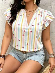 Breezaya Plus Size Women's Woven Regular Summer Casual Fairycore Commuter Comfortable Minimalist Floral Print Ruffle Collar Loose Lantern Sleeve Blouse Party - Multicolor - View 7