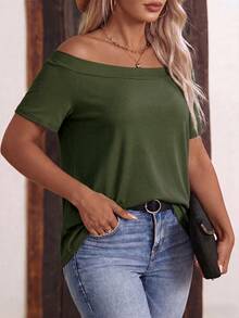 EMERY ROSE Plus Size Women Solid Color Off-Shoulder Casual Versatile Daily Wear T-Shirt - Army Green - View 3