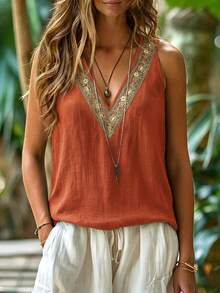 EMERY ROSE V-Neck Relaxed Vacation Style Lace Trim Women's Tank Top - Orange - View 7