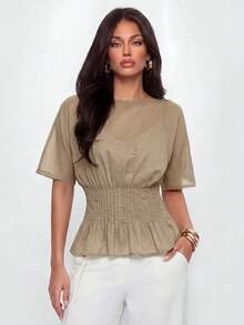 Avantive Top casual versatile da donna a maniche corte, tinta unita, plissettato, per uso quotidiano - Castano - Visualizzare 3