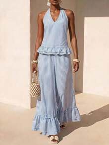 Zivah New Summer Casual Coastal Commuting Loose-Fitting Blue And White Striped V-Neck Halter Neck Tie Ruffled Tank Top + Wide-Leg Pant Two Pieces Set Beach - Blue and White - View 2