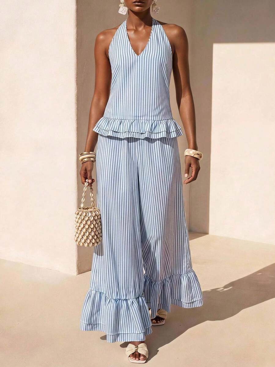 Zivah New Summer Casual Coastal Commuting Loose-Fitting Blue And White Striped V-Neck Halter Neck Tie Ruffled Tank Top + Wide-Leg Pant Two Pieces Set Beach
