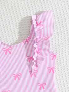 Baby Girl Striped Bow Decor Ruffle One-Piece Swimsuit, Suitable For Summer Vacation & Beach - Multicolor - View 4