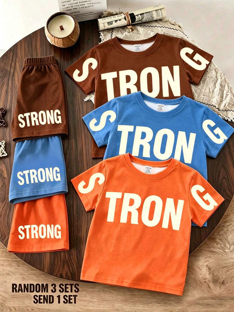 SHEIN 隨機3套贈1套,男嬰夏季帥氣青春運動風夏季出遊首選,簡單字母印花圖案橘色T恤配短褲、簡單字母印花圖案藍色T恤配短褲、簡單字母印花圖案棕色T恤配短褲,經典簡約風格,時尚百搭,適合春秋夏季運動與出遊 - 彩色 - 查看 1