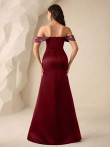 Coutiva Women's Tube Front Beaded + Rhinestone Embellished Bustier Formal Evening Gown (Heavy Workmanship Style) - Burgundy - View 2