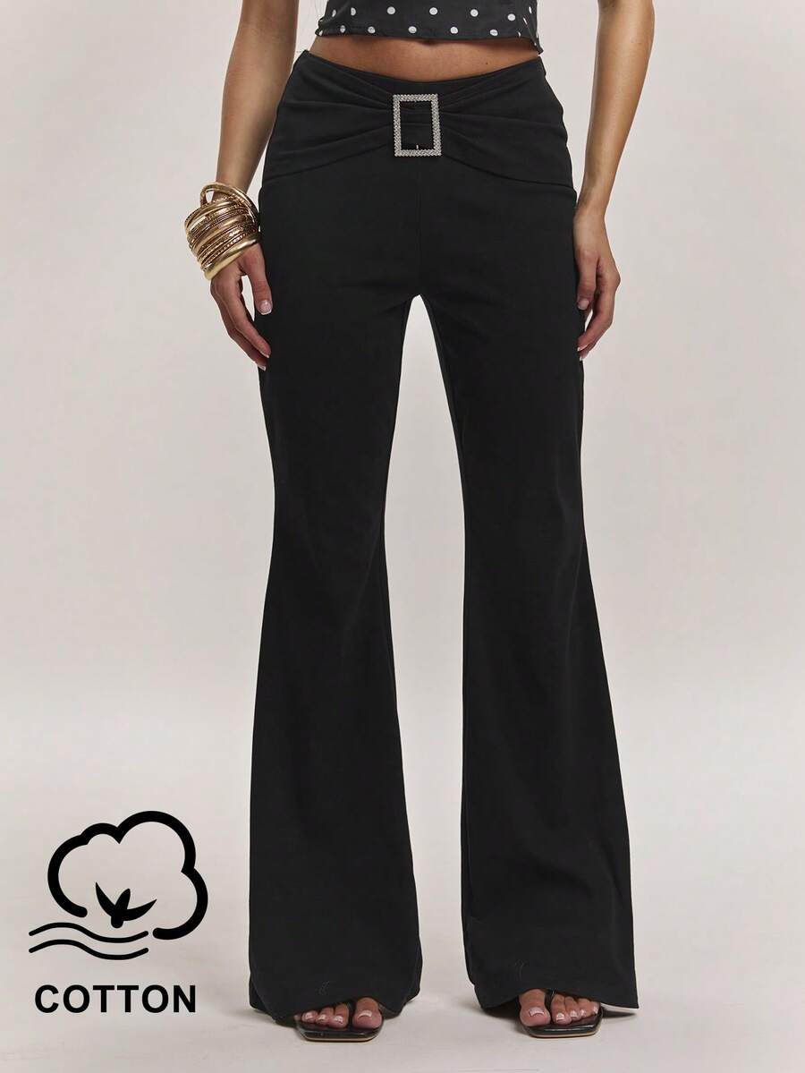 SHEIN BAE 女款純色金屬裝飾休閒百搭日常穿著喇叭褲 - 黑色 - 查看 1