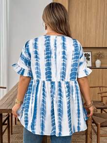 SHEIN CURVE+ Curve 加大码 US22 音乐节、海滨度假、波西米亚风 CURVE PLUS / / 女士格纹印花衬衫，适合春夏波西米亚风度假，休闲娃娃风衬衫 - 藍白色 - 查看 3