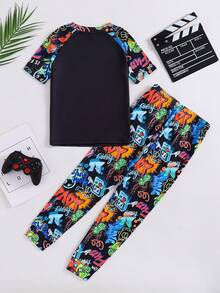 SHEIN Set Piyama Rajut Ketat Nyaman Lengan Pendek dan Celana Panjang Motif Pengontrol Game Fluorescent untuk Anak Laki-Laki Remaja, 2 Potong, Tema Hari Kemerdekaan 4 Juli, Set Pakaian Anak Laki-Laki - Hitam - View 3