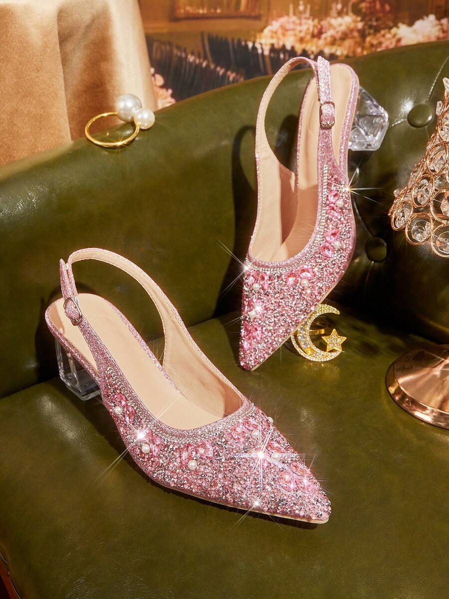 CUCCOO TILAWA Women's Crystal And Glass Rhinestone Pointed Pink High-Heeled Shoes, Suitable For Going Out, Banquets, Parties And Other Activities - Dusty Pink - View 1