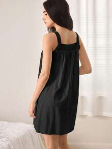 Ocili Women's Floral Embroidered Hollow Button Design Pajamas Loungewear Dress - Black - View 3