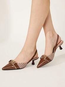 CUCCOO CHICEST Ladies Metal Chain Pointed Kitten Heels Brown Splicing Checkered High Heels Shoes Elegant Commuting Shopping Dating Afternoon Tea Comfortable - Brown - View 4
