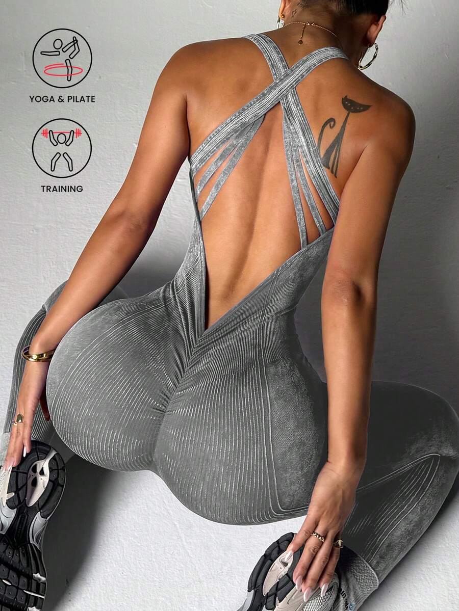 Slayform Slayform Women's Washed Frosted Back Waist V-Cross Jumpsuit - Grey - View 1