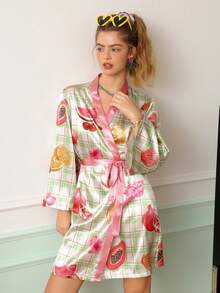Chillnights Young Shell Fruit Plaid Print Satin Women's Robe - Multicolor - View 5