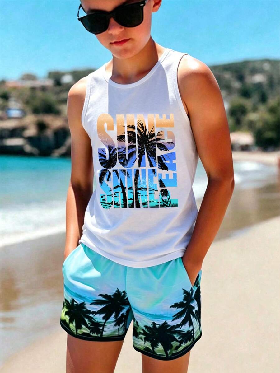 Tween Boys Casual Simple Crew Neck Tank Top Suitable For Summer, Classic Cool Tropical Palm Tree Pattern Print, Colorful Gradient Graffiti Text Pattern Print, Suitable For Vacation, Suitable For Beach, Suitable For Sand - White - View 1