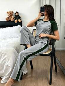 Napfluff Conjunto de pijama casual de mujer con manga raglán y pantalones largos - Gris - Ver 1