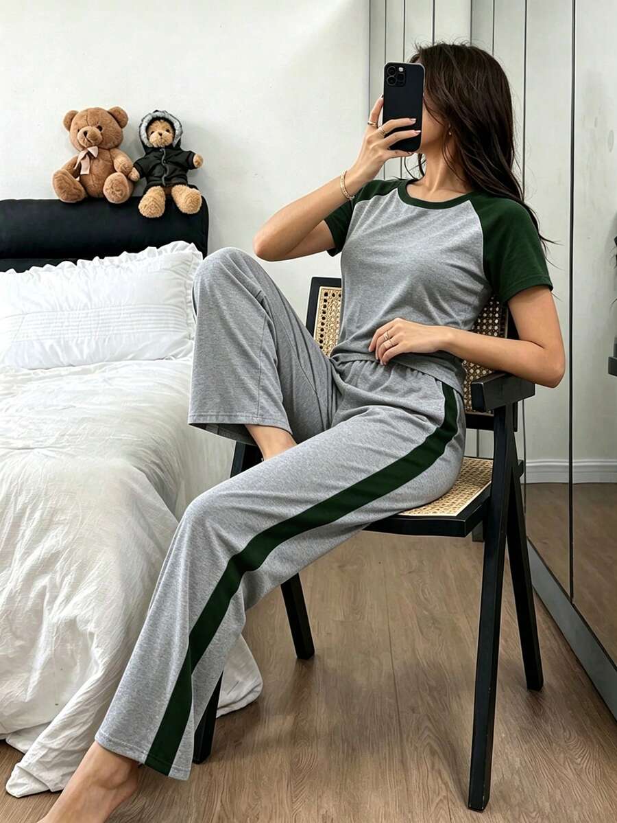 Napfluff Conjunto de pijama casual de mujer con manga raglán y pantalones largos - Gris - Ver 1