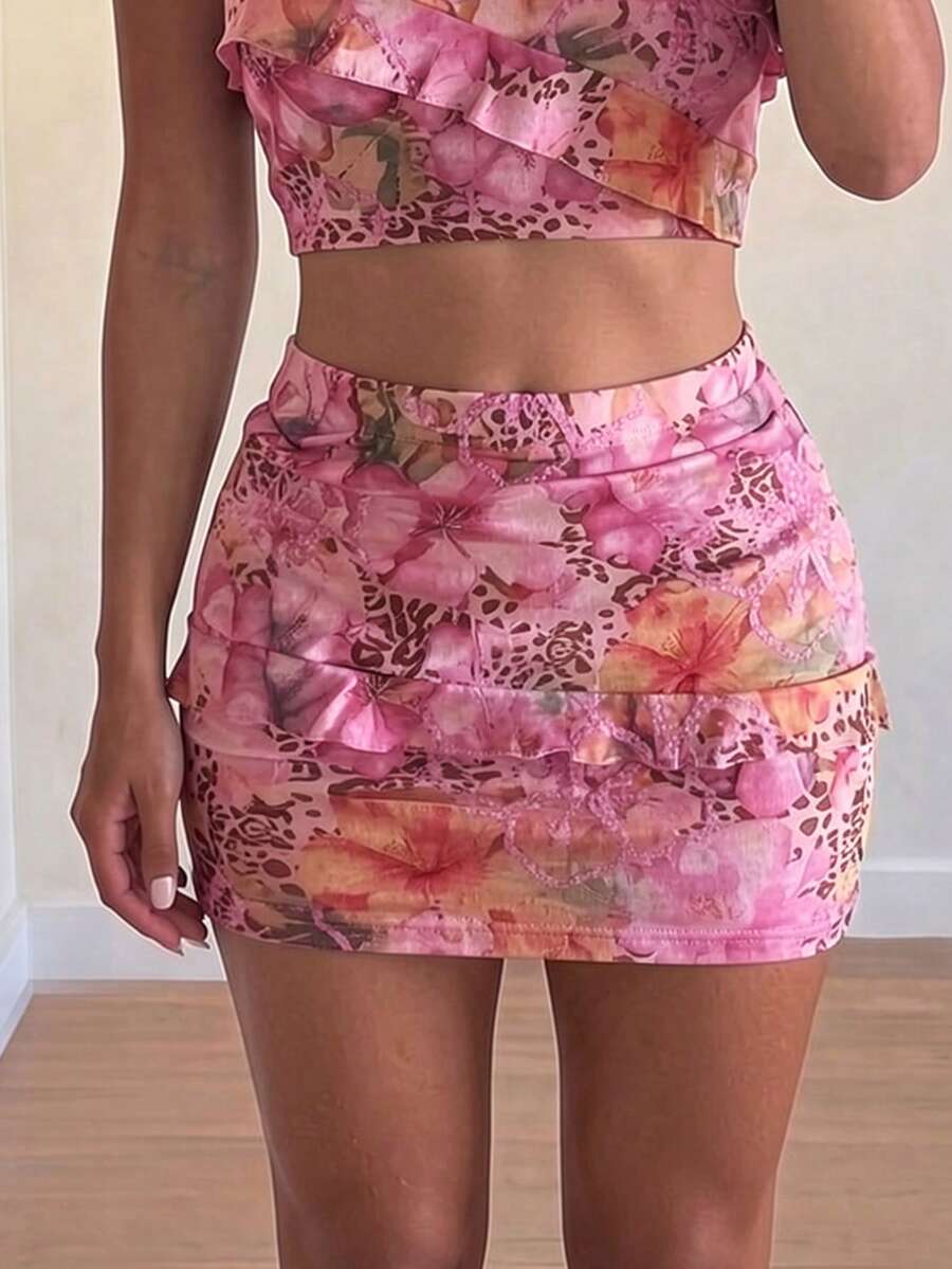 Sirith Rok Mini Motif Bunga & Leopard Modis untuk Liburan Musim Panas - MultiWarna - View 1