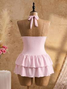 Swim Mod 2026 Neues Sommer Strandurlaub Saison Süßes Damen Rosa und Weiß Gestreiftes Rückenfrei Spaghettiträger Tiefer V-Ausschnitt Doppellagige Rüschen Badekleid, Niedliches Sommer Strand Pool Party Urlaub Einteiliges Große Größen Badekleid - Babypink - Übersicht 3