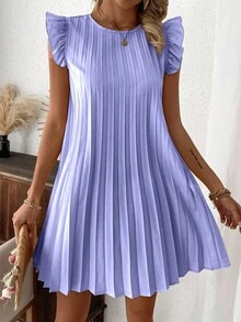 EMERY ROSE Women's Solid Color Round Neck Pleated Casual Daily Wear Dress - Mauve Purple - View 4