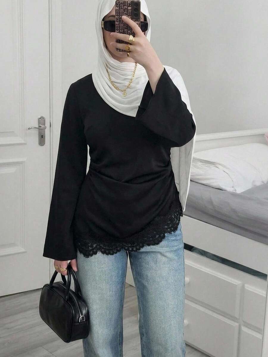 Solavon 女款優雅素色對比蕾絲收腰喇叭袖上衣