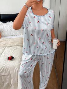 Napfluff CURVE Napfluff CURVE Plus Size Women's Round Neck Ruffle Trim Blue Striped Cherry Print Ribbed Knit Casual Romantic Pajama Set 2pcs - Blue - View 6