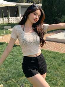 DAZY 女款純色圓領休閒百搭日常穿著遮陽上衣 夏季 - 白色 - 查看 2