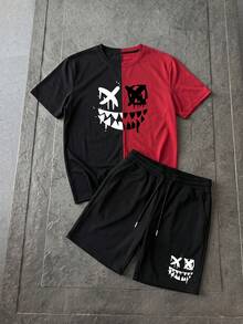 Lornexis 男士卡通圖案雙色T恤和腰部抽繩短褲 - 彩色 - 查看 5