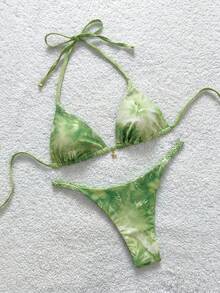 Soleia 女款夏季海灘撞色掛脖綁帶性感比基尼三角泳褲兩件式泳衣套裝 - 綠色 - 查看 7