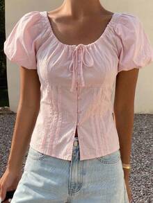 DAZY Women's Solid Fitted Belted Puff Sleeve Fitted Short Sleeve Blouse, Pink, Spring/Summer Cute Tops - Pink - View 10