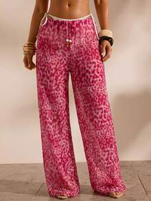 Opulessa Women's Drawstring Waist Leopard Print Casual Travel Cover-Up Long Pants - Pink - View 4