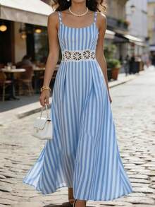 SHEIN Holidaya Women's Summer Blue And White Stripe Spaghetti Strap Midi Dress, Hollow Lace Waist A Line Dress, Lightweight Elegant Boho Chic Outfit For Beach - Baby Blue - View 7