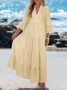 Sylviya Casual Women's Summer V-Neck Yellow Beach Dress - Apricot - View 4